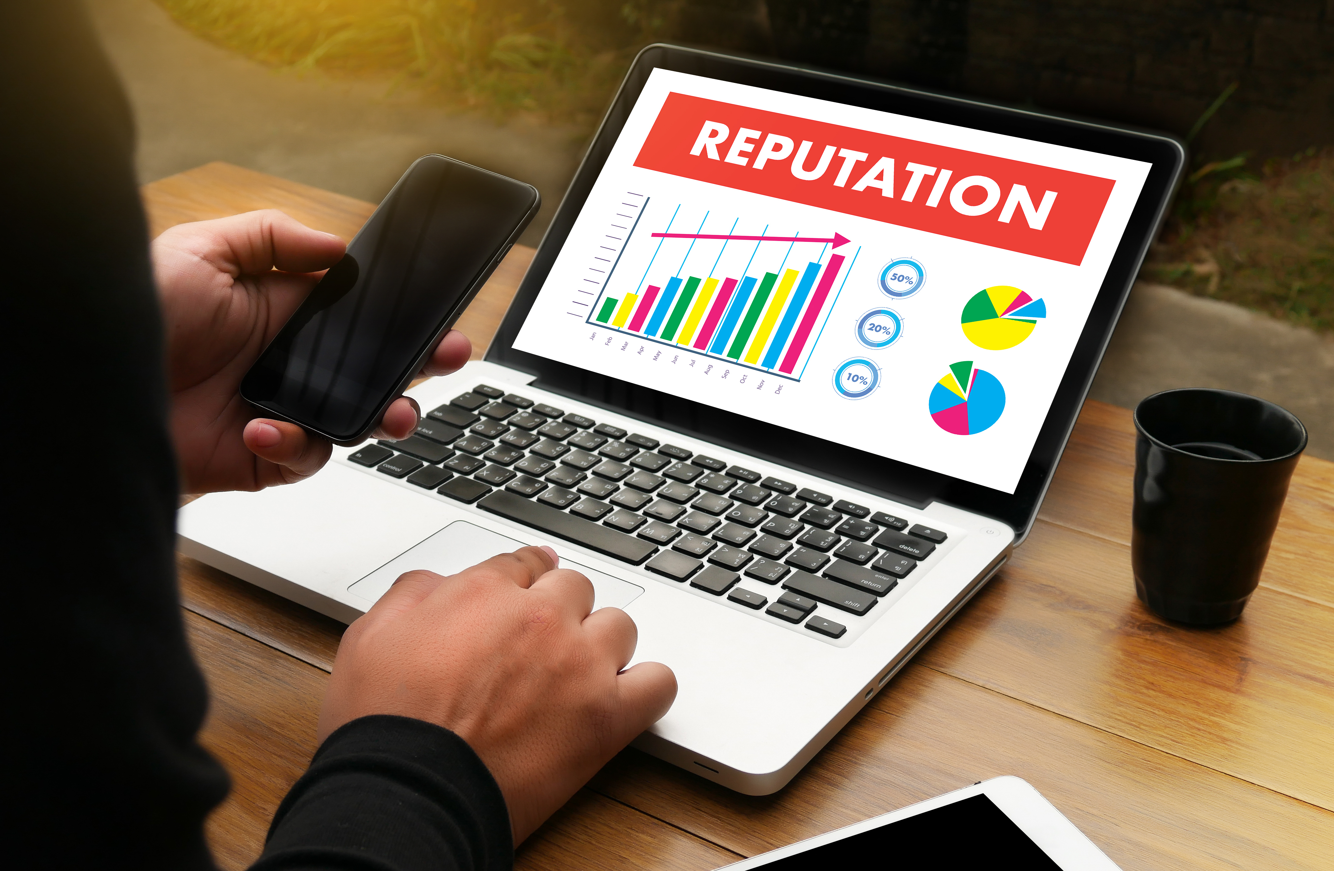 laptop screen showing multiple different graphs with linear line increasing steadily upwards under the word REPUTATION